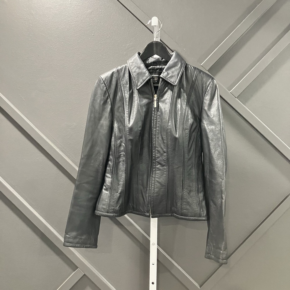 Moda International Women's Size Small Black Genuine Leather Zip Front Jacket Y2K